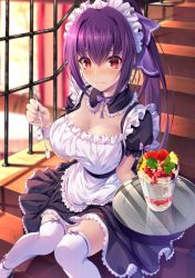 Rule 34 | 1girl, alternate costume, apron, blush, dessert, emanon123, enmaided, fate/grand order, fate (series), food, hair ribbon, highres, long hair, looking at viewer, maid, maid apron, maid headdress, parfait, ponytail, purple hair, purple ribbon, red eyes, ribbon, scathach (fate), scathach skadi (fate), sidelocks, sitting, solo, stairs, thighhighs, thighs, tray, white thighhighs