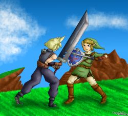 Rule 34 | 2boys, absurdres, armor, battle, blonde hair, blue eyes, boots, buster sword, chainmail, cloud strife, death battle, fighting, final fantasy, final fantasy vii, full body, gloves, green shirt, hat, highres, link, male focus, master sword, multiple boys, nintendo, pointy ears, shield, shirt, spiked hair, super smash bros., sword, tagme, the legend of zelda, tunic, weapon, zipper footwear
