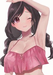 Rule 34 | 1girl, 8ryo ta, absurdres, arm up, armpits, braid, breasts, brown eyes, brown hair, cleavage, crop top, crop top overhang, highres, idolmaster, idolmaster shiny colors, large breasts, one eye closed, solo, tsukioka kogane, twin braids, twintails, upper body, white background