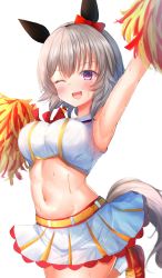 Rule 34 | 1girl, alternate costume, armpits, belt, breasts, cheerleader, commentary request, curren chan (umamusume), grey hair, highres, horse girl, horse tail, looking at viewer, medium breasts, midriff, navel, nice nature (run&amp;win) (umamusume), one eye closed, open mouth, pom pom (cheerleading), shiinyan, simple background, solo, sweat, tail, umamusume, white background