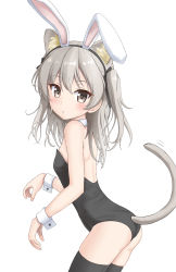 Rule 34 | 1girl, animal ear fluff, animal ears, ass, bare shoulders, black hairband, black leotard, black thighhighs, brown eyes, cat ears, cat girl, cat tail, closed mouth, collar, commentary request, detached collar, fake animal ears, flipper, girls und panzer, grey hair, hairband, highres, kemonomimi mode, kittysuit, leotard, long hair, looking at viewer, looking to the side, nontraditional playboy bunny, one side up, playboy bunny, rabbit ears, shimada arisu, simple background, solo, strapless, strapless leotard, tail, thighhighs, white background, white collar, wrist cuffs
