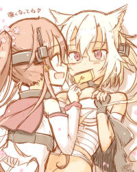 Rule 34 | 10s, 2girls, blush, commentary request, dark-skinned female, dark skin, eye contact, glasses, headgear, kantai collection, looking at another, lowres, mashayuki, multiple girls, musashi (kancolle), open mouth, pointy hair, sarashi, simple background, smile, translation request, white background, yamato (kancolle)