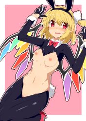 Rule 34 | 1girl, animal ears, blonde hair, blush, bow, bowtie, breasts, crystal, embarrassed, fake animal ears, fake tail, flandre scarlet, furrowed brow, gloves, groin, hairband, hands up, hemogurobin a1c, long sleeves, looking at viewer, medium hair, meme attire, navel, nipples, no pupils, nose blush, one side up, open mouth, outline, pointy ears, rabbit ears, rabbit tail, revealing clothes, reverse bunnysuit, reverse outfit, shrug (clothing), sidelocks, small breasts, solo, stomach, tail, touhou, wing collar, wings