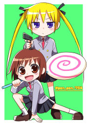 Rule 34 | 2girls, black ribbon, black skirt, blonde hair, blush, border, brown eyes, brown footwear, brown hair, candy, closed mouth, collared jacket, collared shirt, dot nose, food, frown, green background, grey jacket, gun, hair between eyes, hair ribbon, handgun, highres, holding, holding candy, holding food, holding gun, holding lollipop, holding weapon, jacket, kill me baby, lollipop, long hair, multiple girls, necktie, open mouth, oribe yasuna, oversized food, oversized object, penpen794, purple eyes, red necktie, ribbon, shirt, short hair, skirt, socks, sonya (kill me baby), twintails, twitter username, weapon, white border, white shirt, white socks, wispy bangs