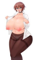 Rule 34 | 1girl, aki-san 94, belly, blouse, blue eyes, breasts, breasts out, brown hair, choker, gigantic breasts, glasses, highres, huge nipples, large areolae, navel, nipples, open clothes, open mouth, panties, pantyhose, plump, puffy nipples, see-through, shiny skin, shirt, short hair, solo, striped clothes, striped panties, sweat, thick thighs, thighs, underwear, white background, wide hips