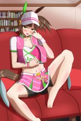 Rule 34 | 1girl, absurdres, bike shorts, blush, breasts, brown hair, come hither, commentary, couch, green eyes, highres, horse girl, horse tail, ines fujin (umamusume), large breasts, looking at viewer, medium hair, midriff, nick714-x, sitting, solo, spread legs, tail, tongue, tongue out, umamusume, visor cap