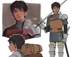 Rule 34 | 1boy, absurdres, armor, artist name, backpack, bag, black hair, blue eyes, brown background, brown bag, brown pants, closed mouth, commentary, dungeon meshi, feet out of frame, gauntlets, hand up, highres, holding, holding sword, holding weapon, kabru, long sleeves, looking at viewer, looking to the side, maik check, male focus, multiple views, over shoulder, pants, pauldrons, sheath, short hair, shoulder armor, simple background, single pauldron, smile, standing, sword, sword over shoulder, weapon, weapon over shoulder, white background