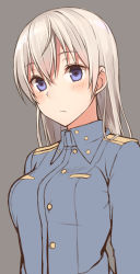 Rule 34 | 1girl, blonde hair, blue eyes, eila ilmatar juutilainen, grey background, long hair, military, military uniform, momiji7728, simple background, solo, strike witches, uniform, world witches series