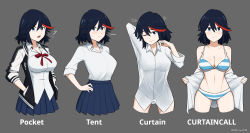 Rule 34 | 1girl, arm behind head, black hair, black skirt, blue eyes, blush, bra, breasts, cleavage, collared shirt, cowboy shot, cropped legs, curtain call challenge (meme), diooksan, english text, grey background, hand on own hip, hand up, hands in pockets, highres, jacket, kill la kill, large breasts, matoi ryuuko, medium hair, meme, multicolored hair, multiple views, navel, neck ribbon, oksandio, one eye closed, open clothes, open shirt, panties, pleated skirt, red hair, red ribbon, ribbon, shirt, simple background, skirt, streaked hair, striped bra, striped clothes, striped panties, taut clothes, tented shirt, underwear, white shirt