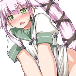 Rule 34 | 10s, 1girl, blush, dd (ijigendd), green eyes, kantai collection, long hair, no panties, open mouth, pink hair, short sleeves, side ponytail, simple background, solo, sweatdrop, white background, yura (kancolle)