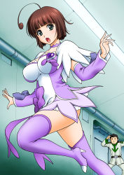 Rule 34 | 1boy, 1girl, bob cut, boots, bow, breasts, brooch, brown hair, choker, cleavage, cosplay, cure sword, cure sword (cosplay), dokidoki! precure, dress, green eyes, hair ornament, harada makoto, heart, heart brooch, high heels, jacket, large breasts, legs, long hair, mattsua, military, military uniform, name connection, oota kenjirou, open mouth, pants, precure, purple footwear, purple skirt, purple theme, purple thighhighs, season connection, shoes, short hair, skirt, smile, soldier, solo focus, thigh boots, thighhighs, thighs, uchuu senkan yamato, uchuu senkan yamato 2199, uniform