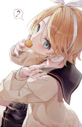 Rule 34 | 1girl, 200f (nifu), ?, absurdres, black sailor collar, black skirt, blonde hair, blush, brown sweater, commentary request, from side, green eyes, hair ornament, hairclip, hands up, headphones, highres, kagamine rin, long sleeves, looking at viewer, looking to the side, parted bangs, pleated skirt, puffy long sleeves, puffy sleeves, sailor collar, simple background, sitting, skirt, solo, spoken question mark, sweater, treble clef, vocaloid, white background