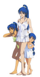 Rule 34 | 1990s (style), 3girls, barefoot, blouse, blue eyes, blue hair, braid, braided ponytail, hand on another&#039;s hip, hand on another&#039;s shoulder, heel up, high ponytail, long hair, low-tied long hair, mikimoto haruhiko, multiple girls, nataruma, navel, official art, orguss 02, retro artstyle, scan, shirt, single braid, smile, standing, white shirt