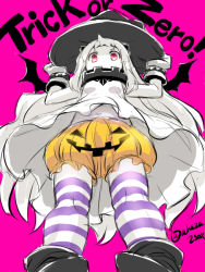 Rule 34 | 10s, 1girl, abyssal ship, adapted costume, akaza, alternate costume, bat wings, bloomers, colored skin, dress, from below, halloween, hands on headwear, hat, horns, jack-o&#039;-lantern, kantai collection, long hair, looking at viewer, looking down, mittens, navel, northern ocean princess, pumpkin pants, red eyes, sketch, solo, striped clothes, striped thighhighs, thighhighs, twitter username, underwear, white dress, white hair, white skin, wings, witch hat
