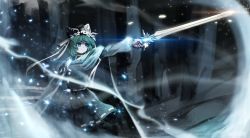 Rule 34 | 1girl, adapted costume, bad id, bad pixiv id, blue eyes, cape, cowboy shot, dark, energy, fog, glowing, green hair, hat, hat ribbon, highres, holding, holding sword, holding weapon, light particles, light trail, long sleeves, looking afar, mo ne, pointing sword, ribbon, ribbon-trimmed skirt, ribbon trim, serious, shiki eiki, short hair, signature, solo, sparkle, standing, sword, touhou, vest, weapon