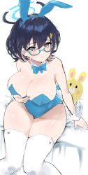 Rule 34 | animal ears, black hair, blue archive, blue bow, blue bowtie, bow, bowtie, breasts, cameltoe, chihiro (blue archive), dx (xxer4838), glasses, halo, highres, large breasts, leotard, multicolored eyes, playboy bunny, rabbit ears, short hair, stuffed animal, stuffed rabbit, stuffed toy, thick thighs, thighhighs, thighs, white thighhighs