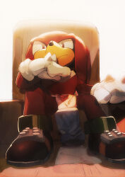 Rule 34 | 1boy, alternate costume, animal nose, aoki (fumomo), body fur, closed mouth, furry, furry male, gloves, hand up, knuckles the echidna, loincloth, long hair, looking at viewer, male focus, on chair, purple eyes, red footwear, red fur, red hair, shoes, sidelocks, sitting, snout, solo, sonic (series), spiked gloves, topless male, two-tone fur, white fur, white gloves