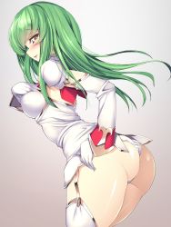 Rule 34 | 1girl, ass, breasts, c.c., code geass, commentary request, detached sleeves, dress, floating hair, from side, gloves, green hair, grey background, hand on own chest, highres, long hair, looking at viewer, looking back, medium breasts, short dress, simple background, sleeveless, sleeveless dress, solo, thighhighs, torisan, white gloves, white sleeves, white thighhighs, yellow eyes