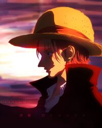 Rule 34 | 1boy, 2022, absurdres, artist name, black coat, black eyes, closed mouth, coat, commentary, from side, hat, highres, male focus, one piece, red hair, runin-0, scar, scar across eye, scar on face, shanks (one piece), short hair, smile, solo, straw hat