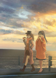 Rule 34 | 2girls, alternate costume, ankle boots, blue hair, boots, brown hair, closed eyes, cloud, coat, commentary request, cup, disposable cup, drinking, evening, fur trim, gloves, hair between eyes, hand in pocket, highres, holding, houshou (kancolle), japanese clothes, kantai collection, kariginu, long hair, long sleeves, mittens, multiple girls, nito (nshtntr), ocean, open clothes, open coat, outdoors, pantyhose, pleated skirt, pocket, ponytail, ryuujou (kancolle), sandals, scarf, skirt, sky, smile, twintails, visor cap, walking, water, zouri
