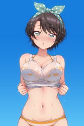 Rule 34 | 1girl, aqua eyes, bikini, black hair, breasts, cleavage, commentary, covered erect nipples, female focus, highres, hololive, looking at viewer, medium breasts, navel, no pants, oozora subaru, oozora subaru (hololive summer 2019), p-nekoe, see-through, shiny skin, short hair, skindentation, solo, standing, striped bikini, striped clothes, swimsuit, tank top, virtual youtuber, wet, wet clothes