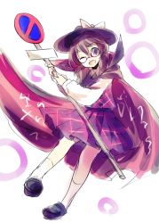 Rule 34 | 1girl, brown eyes, brown hair, cape, clothes writing, dress, glasses, hat, hat ribbon, long sleeves, makuwauri, one eye closed, open mouth, purple dress, red-framed eyewear, ribbon, road sign, shirt, sign, simple background, smile, solo, touhou, usami sumireko