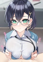 Rule 34 | 1boy, 1girl, absurdres, badge, blue archive, blue hair, blush, breasts, chihiro (blue archive), cleavage, closed mouth, collared shirt, glasses, grabbing, grabbing own breast, green eyes, green jacket, hair ornament, hairclip, hetero, highres, jacket, large breasts, long sleeves, menbou (menbow3v), open clothes, open jacket, open shirt, paizuri, paizuri under clothes, sensei (blue archive), shirt, short hair, white shirt