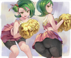 Rule 34 | 1girl, ass, ass focus, bare shoulders, bike shorts, breasts, cheerleader, embarrassed, female focus, green hair, hair bun, hair ribbon, huge ass, kazo (kazozakazo), looking at viewer, looking to the side, medium hair, midriff, mizuki kotori (yu-gi-oh!), multicolored hair, multiple views, open mouth, pom pom (cheerleading), ribbon, shiny skin, shorts, shorts under skirt, simple background, small breasts, smile, solo, two-tone hair, wide hips, yellow eyes, yu-gi-oh!, yu-gi-oh! zexal, yuu-gi-ou, yuu-gi-ou zexal