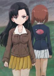 Rule 34 | 2girls, anglerfish, asymmetrical bangs, black hair, blue jacket, blurry, blurry background, brown eyes, brown hair, brown jacket, chi-hatan military uniform, clenched hands, closed mouth, cloud, cloudy sky, commentary, day, depth of field, emblem, facing away, fish, from behind, frown, girls und panzer, grey sky, highres, jacket, long hair, long sleeves, looking at viewer, military, military uniform, miniskirt, multiple girls, nishi kinuyo, nishizumi miho, ooarai military uniform, outdoors, pleated skirt, shibagami, shirt, short hair, skirt, sky, standing, uniform, white shirt, white skirt, wind, yellow skirt