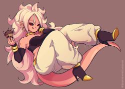 Rule 34 | 1girl, absurdres, android 21, bangle, bare shoulders, black nails, black sclera, black tube top, bracelet, breasts, chocolate, choker, colored sclera, colored skin, detached sleeves, dragon ball, dragon ball fighterz, earrings, elbow gloves, floating, food, full body, gloves, hair between eyes, harem pants, highres, holding, holding food, hoop earrings, jewelry, joanna went bananas, long hair, looking at viewer, majin android 21, medium breasts, messy hair, nail polish, pants, pink skin, red eyes, solo, strapless, tail, tongue, tongue out, tube top, tube top, white hair