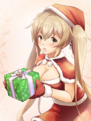 Rule 34 | 1girl, alternate costume, box, breasts, brown eyes, capelet, cleavage, dress, fur-trimmed capelet, fur-trimmed dress, fur-trimmed headwear, fur-trimmed mittens, fur trim, gift, gift box, hat, highres, kantai collection, large breasts, light brown hair, long hair, mittens, murasame (kancolle), red capelet, red dress, red hat, red mittens, santa hat, smile, solo, twintails, yomitsuna