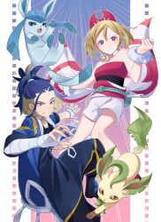 Rule 34 | 1boy, 1girl, adaman (pokemon), arm wrap, blonde hair, blue coat, blue eyes, bracelet, brown eyes, clenched hand, closed mouth, coat, commentary request, creatures (company), eyelashes, flute, game freak, gen 4 pokemon, glaceon, green bag, grin, hairband, highres, instrument, irida (pokemon), jewelry, leafeon, mocacoffee 1001, nintendo, pokemon, pokemon (creature), pokemon legends: arceus, ponytail, sash, shirt, shorts, smile, strapless, strapless shirt, teeth, waist cape, white shorts