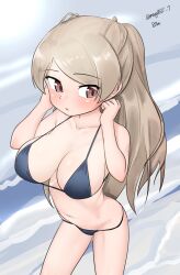Rule 34 | 1girl, absurdres, bikini, black bikini, breasts, brown eyes, cleavage, conte di cavour (kancolle), feet out of frame, from behind, grey hair, highres, kantai collection, large breasts, long hair, looking at viewer, maru (marg0613), one-hour drawing challenge, solo, swimsuit, two side up