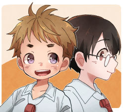 Rule 34 | 2boys, :d, black hair, blue shirt, brown hair, child, closed mouth, glasses, highres, looking at another, made in abyss, male focus, multiple boys, nat (made in abyss), open mouth, orange background, purple eyes, red eyes, shiggy (made in abyss), shirt, smile, usuki (usukine1go), whistle