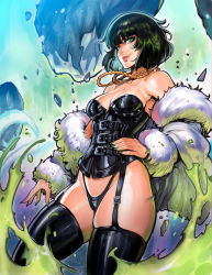 Rule 34 | 1girl, absurdres, bare shoulders, breasts, cleavage, fubuki (one-punch man), green eyes, highres, jewelry, necklace, one-punch man, solo, thighhighs