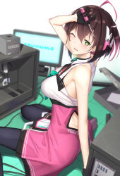 Rule 34 | 1girl, ahoge, arm up, ass, back cutout, bare arms, bare shoulders, black gloves, black pantyhose, blurry, breasts, brown hair, clothes writing, clothing cutout, commentary request, computer, depth of field, from side, gloves, gradient hair, green eyes, high-waist skirt, highres, looking at viewer, looking to the side, medium breasts, monitor, multicolored hair, on floor, one eye closed, one side up, original, pallad, pantyhose, parted lips, pink hair, pink skirt, screwdriver, shirt, short hair, sitting, skirt, sleeveless, sleeveless shirt, solo, wariza, white shirt