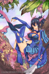 Rule 34 | 1girl, ;d, black hair, blue eyes, blue thighhighs, breasts, bridal gauntlets, cleavage, cleavage cutout, clothes between thighs, clothing cutout, colored eyelashes, day, female focus, flower, hair ornament, hair tubes, high heels, highres, large breasts, official art, one eye closed, open mouth, sangokushi ranbu, short hair, shrug (clothing), smile, solo, thighhighs, zutta