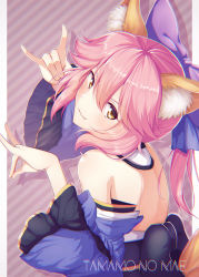 Rule 34 | 10s, 1girl, :3, animal ears, bare shoulders, bow, character name, chromatic aberration, detached sleeves, fal (fal-se-0), fang, fate/extra, fate/grand order, fate (series), fox ears, hair bow, highres, long hair, pink hair, ponytail, solo, striped, striped background, tamamo no mae (fate/extra), yellow eyes