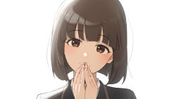 Rule 34 | 1girl, black jacket, blunt bangs, bob cut, brown eyes, brown hair, commentary, dress shirt, hair strand, hand to own mouth, head tilt, highres, jacket, natuich, original, own hands together, shirt, short hair, simple background, smile, solo, white background, white shirt