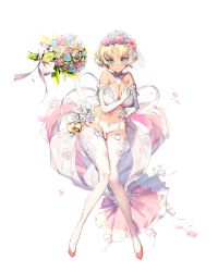 Rule 34 | 1girl, bell, blonde hair, blue eyes, bouquet, bra, destiny child, earrings, elbow gloves, flower, frown, full body, gloves, highres, iphis (destiny child), jewelry, lingerie, looking at viewer, official art, panties, petals, rose petals, short hair, solo, thighhighs, transparent background, underwear, veil, wedding lingerie, white bra, white gloves, white panties, white thighhighs