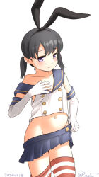 Rule 34 | 1girl, black hair, black hairband, blue sailor collar, blue skirt, cosplay, cowboy shot, crop top, elbow gloves, gloves, groin, hairband, kantai collection, microskirt, miniskirt, no panties, one-hour drawing challenge, oversized clothes, pleated skirt, purple eyes, ray.s, sailor collar, shimakaze (kancolle), shimakaze (kancolle) (cosplay), shirt, short hair, shounan (kancolle), skirt, sleeveless, sleeveless shirt, solo, striped clothes, striped thighhighs, thighhighs, twintails, white gloves