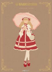basket blonde_hair blunt_bangs border bow brown_background chinese_commentary classic_lolita commentary_request cross-laced_clothes cross-laced_footwear cross-laced_top crossed_legs double_bun english_text faceless faceless_female footwear_bow frilled_hairband frilled_skirt frilled_sleeves frills hair_bow hair_bun hair_ribbon hairband high-waist_skirt holding holding_umbrella juliet_sleeves lace-trimmed_hairband lace_trim lolita_fashion lolita_hairband long_hair long_sleeves mary_janes medium_skirt neck_ribbon original ornate_border p0ckylo pantyhose parasol pink_umbrella puffy_sleeves red_bow red_footwear red_hairband red_ribbon red_skirt ribbon shirt shoes skirt sleeve_bow standing umbrella umbrella_over_shoulder weibo_watermark white_pantyhose white_shirt white_wrist_cuffs wrist_bow wrist_cuffs