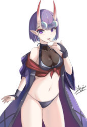 Rule 34 | 1girl, :d, absurdres, bare shoulders, bikini, black bikini, blush, breasts, bridal gauntlets, collarbone, commentary request, covered collarbone, eyewear on head, fangs, fate/grand order, fate (series), finger to mouth, glasses, hand up, highres, horns, japanese clothes, kimono, looking at viewer, medium breasts, navel, oni, open clothes, open kimono, open mouth, pointy ears, purple eyes, purple hair, purple kimono, round eyewear, sato art, short eyebrows, short sleeves, shuten douji (fate), simple background, skin-covered horns, smile, solo, swimsuit, thick eyebrows, white background, wide sleeves