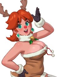 Rule 34 | 1girl, antlers, aqua eyes, arm up, bell, black gloves, breasts, brown dress, deer tail, dress, earrings, freckles, from side, fur-trimmed dress, fur-trimmed gloves, fur collar, fur trim, gloves, hand on own hip, highres, horns, jewelry, large breasts, looking at viewer, mario (series), medium hair, neck bell, nintendo, open mouth, orange hair, pom pom (clothes), princess daisy, red nose, reindeer antlers, riz, simple background, smile, solo, strapless, strapless dress, tail, teeth, upper teeth only, white background