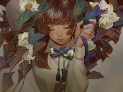 Rule 34 | 1girl, arm up, beads, blue bow, blue bowtie, bow, bowtie, brown hair, collared shirt, commentary, embroidery, english commentary, eyelashes, facing viewer, floating hair, flower, holding, kidchan, long hair, long sleeves, multicolored hair, original, parted lips, shirt, sidelocks, solo, streaked hair, tassel, white flower, white shirt