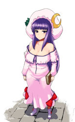 Rule 34 | 1girl, adapted costume, bare shoulders, blunt bangs, blush, book, bow, breasts, cleavage, clothes, collarbone, crescent, dress, dutch angle, female focus, full body, green ribbon, hat, hat ribbon, holding, holding book, ishimiso (ishimura), large breasts, long hair, long sleeves, looking at viewer, mob cap, off-shoulder dress, off shoulder, patchouli knowledge, pink dress, pink hat, purple eyes, purple hair, red bow, ribbon, sidelocks, solo, touhou, very long hair