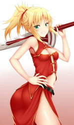 Rule 34 | 1girl, armpits, ass, bare shoulders, belt, blonde hair, blush, braid, braided ponytail, breasts, china dress, chinese clothes, clarent (fate), cleavage, cleavage cutout, clothing cutout, commentary request, dress, fate/grand order, fate (series), french braid, gradient background, green eyes, grin, hand on own hip, highres, holding, holding sword, holding weapon, long hair, looking at viewer, medium breasts, midriff, mordred (fate), mordred (fate/apocrypha), navel, ponytail, red dress, scrunchie, sidelocks, simple background, skirt, smile, solo, stomach, sword, twisted torso, weapon, zukky