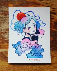 Rule 34 | 1girl, blue hair, cloud, cropped torso, expressionless, finger to mouth, from side, hand up, head tilt, highres, index finger raised, limited palette, long sleeves, looking at viewer, maruti bitamin, original, painting (medium), photo (medium), purple eyes, red sun, short hair, solo, traditional media, watercolor (medium), white background