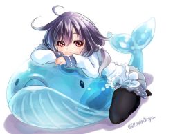 Rule 34 | 10s, 1girl, ahoge, black pantyhose, hair flaps, inflatable toy, inflatable whale, kantai collection, long sleeves, looking at viewer, noguruma, pantyhose, pleated skirt, purple hair, red eyes, simple background, skirt, smile, solo, taigei (kancolle), twitter username