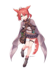 Rule 34 | 1girl, ahoge, animal ears, arknights, bad id, bad pixiv id, bag, bandaged leg, bandages, black collar, black footwear, black skirt, boots, bow, brown gloves, cape, cat ears, cat girl, cat tail, collar, dagger, frilled skirt, frills, full body, glasses, gloves, green eyes, grey skirt, hair between eyes, hair bow, hair ornament, hair scrunchie, hairband, herb, highres, knife, layered skirt, looking at viewer, myrrh (arknights), name tag, orange bow, orange hairband, parted lips, pink scrunchie, red hair, rimless eyewear, scrunchie, short twintails, simple background, skirt, solo, soyubee, standing, standing on one leg, tail, thigh strap, twintails, twitter username, weapon, white background